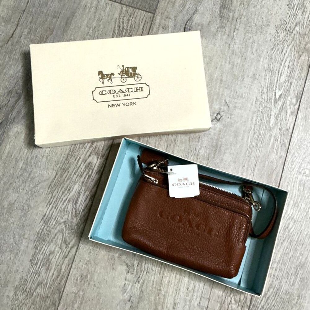 Coach Saddle Brown Pebbled Leather Double Zip Wristlet Wallet NWT